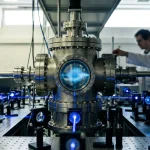 Ultracold atom cloud inside a laboratory vacuum chamber used for atom interferometry.