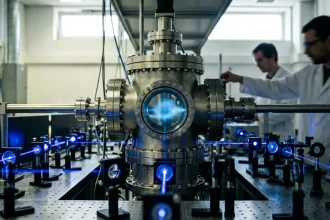 Ultracold atom cloud inside a laboratory vacuum chamber used for atom interferometry.