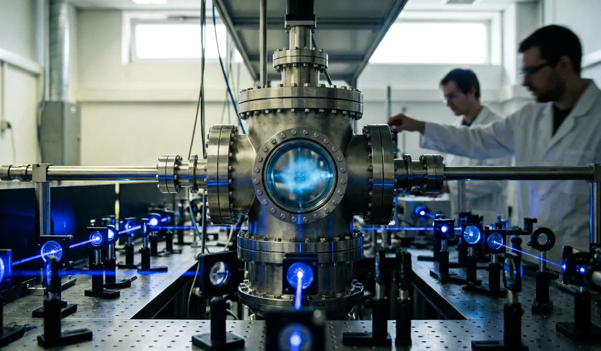 Ultracold atom cloud inside a laboratory vacuum chamber used for atom interferometry.