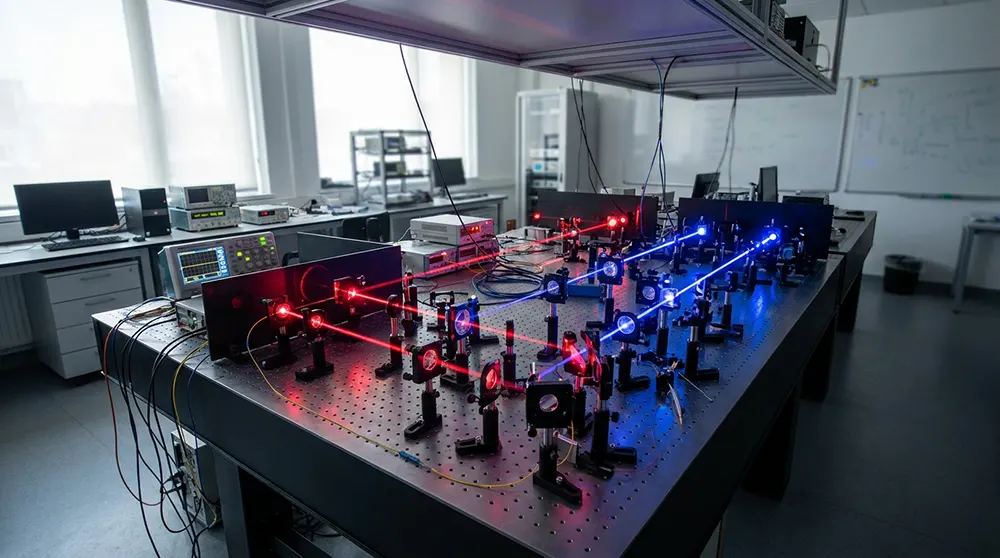 Laser optics arranged on an optical table for a quantum sensing experiment.