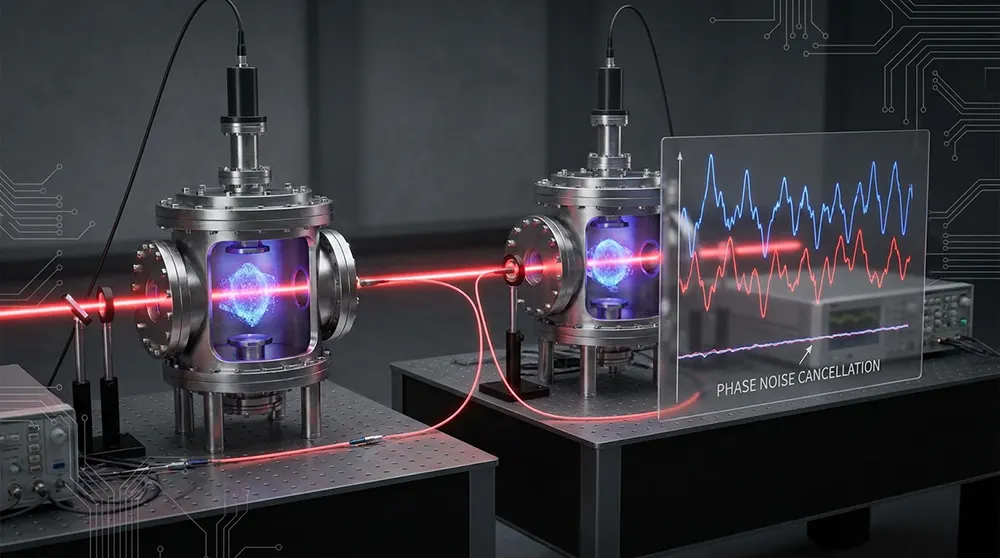 Two atom interferometers compared to cancel shared laser noise.